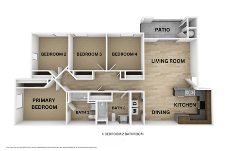 Floor plan for 4 beds, 2 baths, 1197 sqft